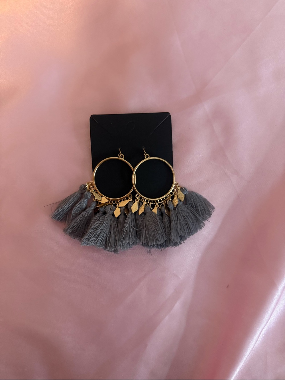 Gray Tassel Gold Hoop Dangle Earrings NWT